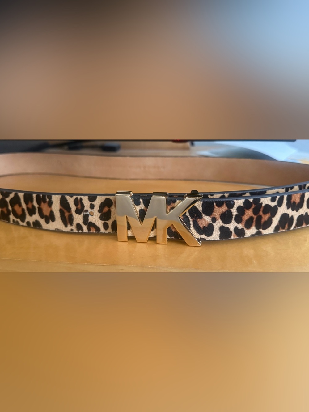 Michael Kors Leopard-Print Leather Belt with Gold MK Buckle